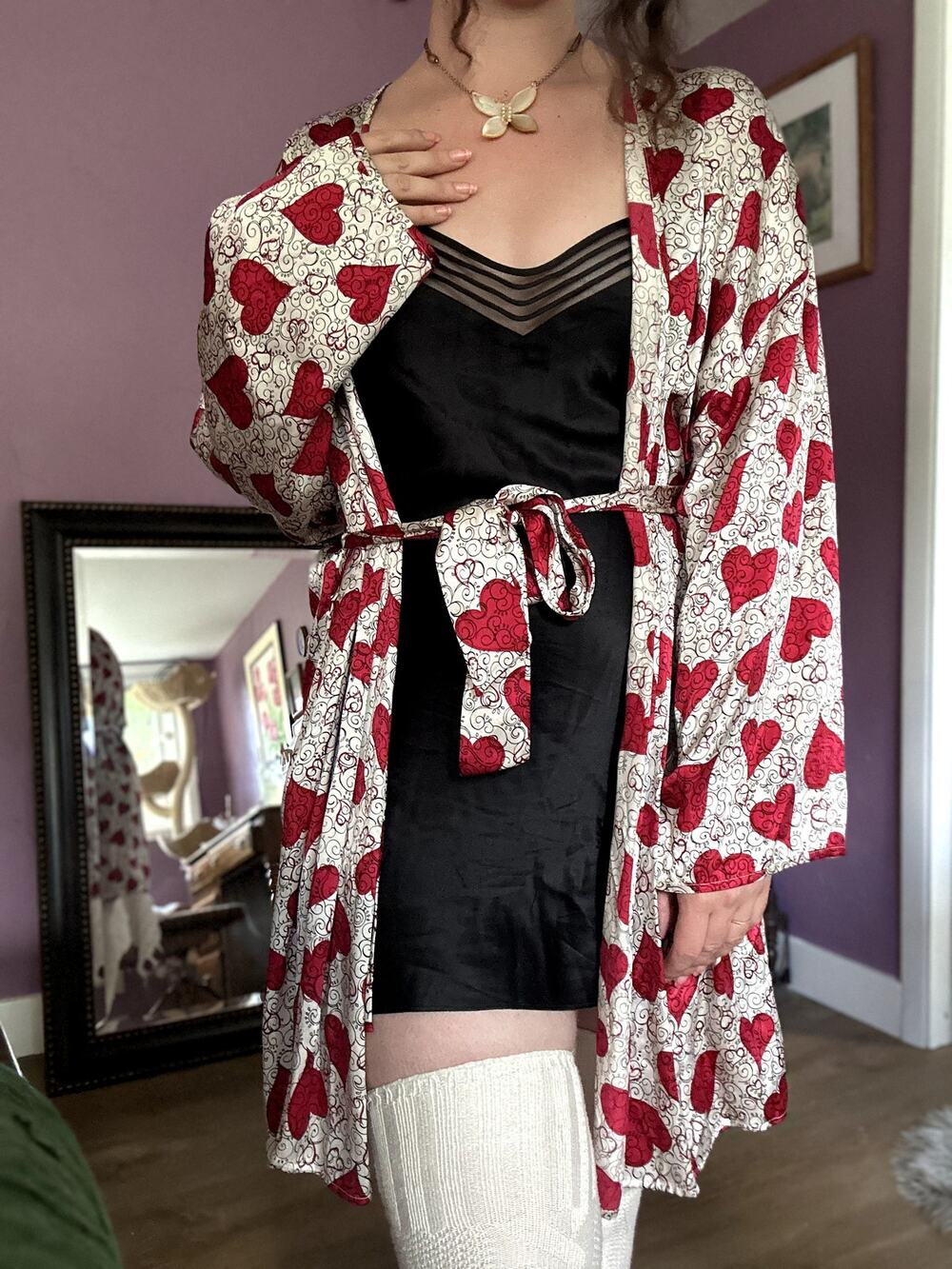 Vintage Victoria's Secret M/L 100% Silk Robe Gold Label Red White Hearts